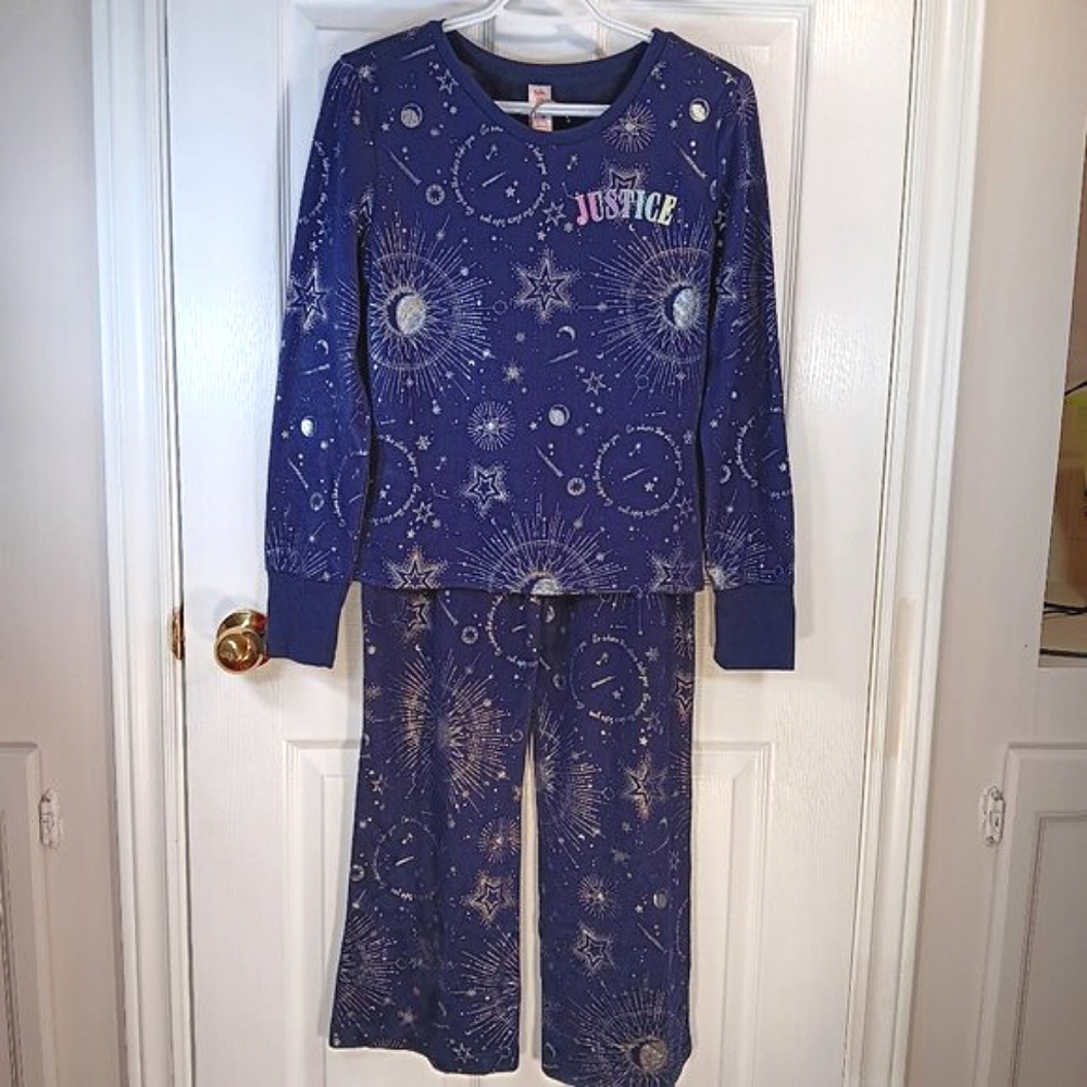 NWOT Justice Girls Star Print Pajamas Blue Silver Size XL Lightweight